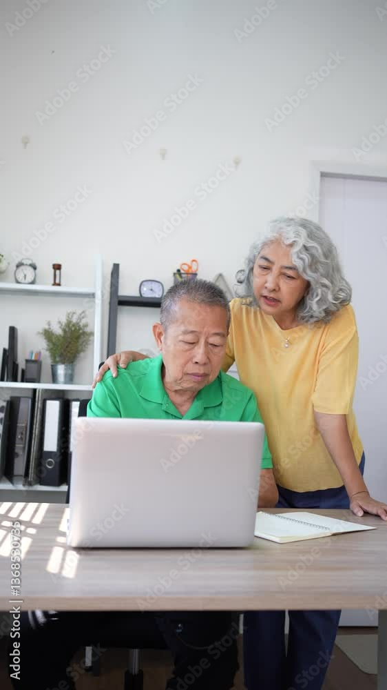 Elderly couple using laptop in cozy home office, sharing learning, collaboration, teamwork, and affection together. Elderly couple using laptop in cozy home office, sharing learning, collaboration, teamwork, and affection together.