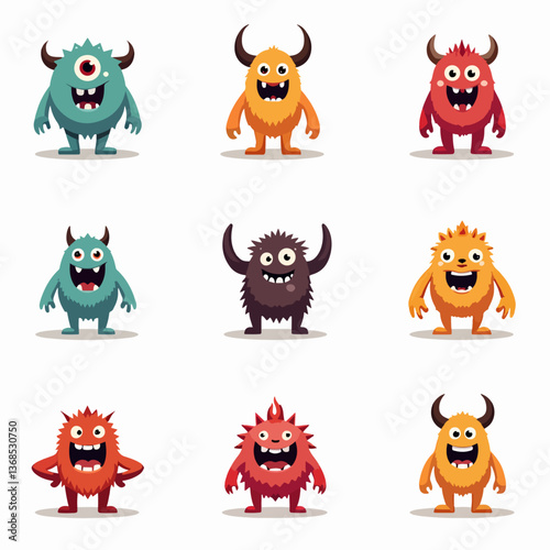 Monster set line. Colorful silhouette monsters. Happy Halloween. Cute kawaii cartoon funny boo character. Different face. Teeth, eyes, horns, hands. Childish style. Flat design White background Vector