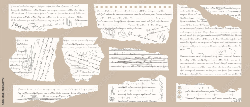 Set of torn paper with illegible handwritten text in the writing, sketching. Torn edges, scribbles in the margins. Vector.
