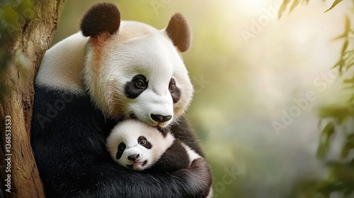 Giant panda mother embracing baby cub in serene forest setting. Mother's Day, Mothering Sunday, Dia de la Madre - Global Maternal Celebration, Worldwide Family Holiday
