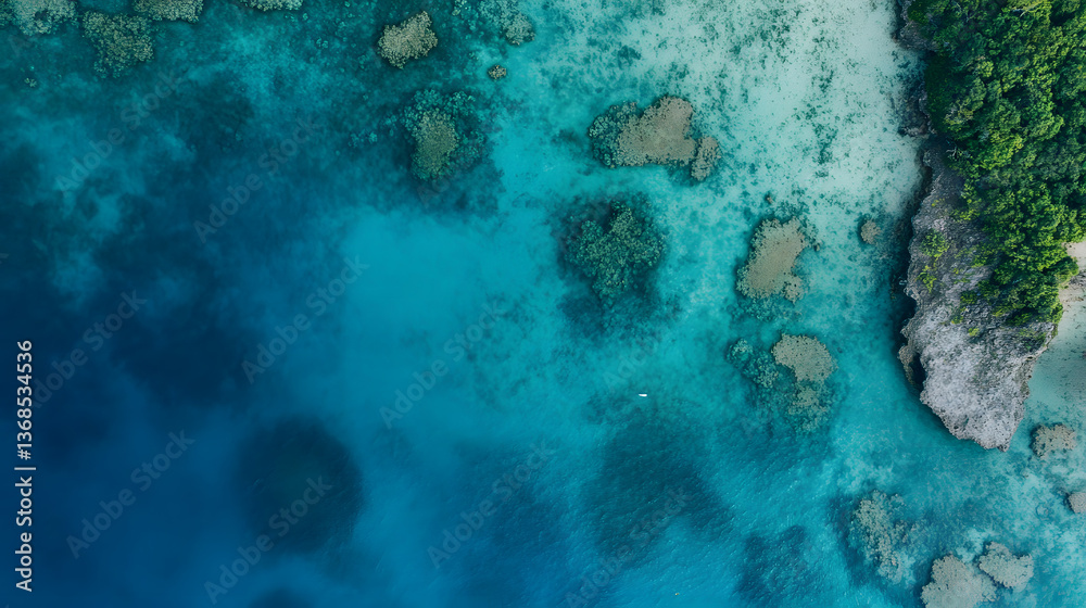 Obraz premium Aerial shot of a crystal-clear ocean lagoon, shallow turquoise waters revealing vibrant coral reefs