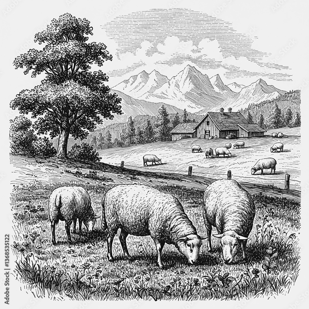Fototapeta premium Pastoral Scene: Sheep graze peacefully in a bucolic landscape, with a charming farmhouse nestled amidst rolling hills, trees and towering mountains in the distance, evoking a sense of tranquility.