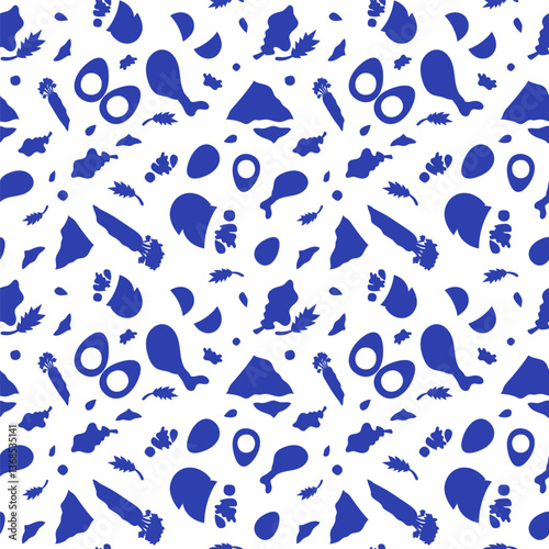 Passover Seamless Patterns with all symbolic Seder Pesach food: eggs, matzah, meat, parsley, bitter herbs, horseradish, apples and nuts (+on transparent background). Blue and White. Israeli Holiday.