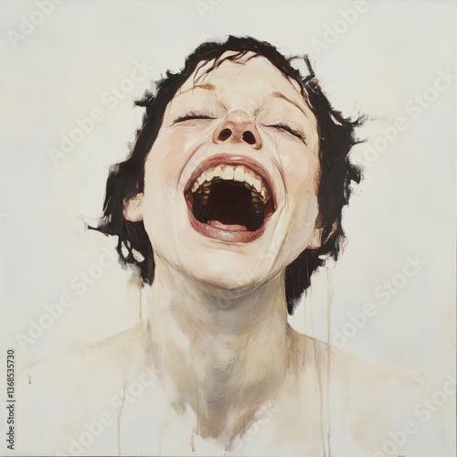 woman in a dramatic emotional state, laughing and crying loudly

