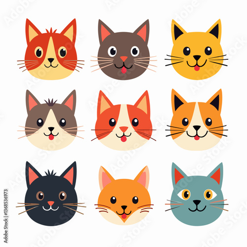 Cats are cartoon and flat colorful, good-natured, in different colors, unusual faces, various poses set. Playful kittens, home pets. Bright butterflies fly around. Vector illustration	