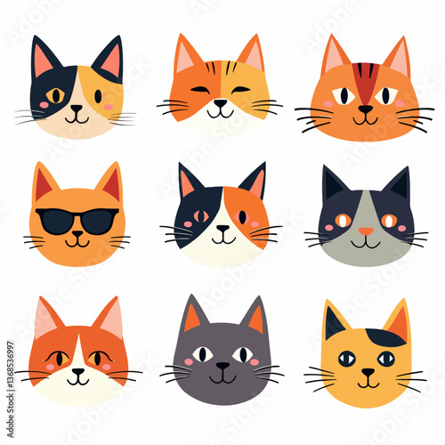 Cats are cartoon and flat colorful, good-natured, in different colors, unusual faces, various poses set. Playful kittens, home pets. Bright butterflies fly around. Vector illustration	