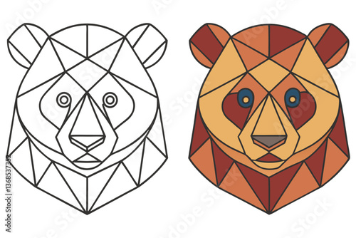 Geometric Panda Bear Head Outline & Brown Tones with Polygonal Design on White