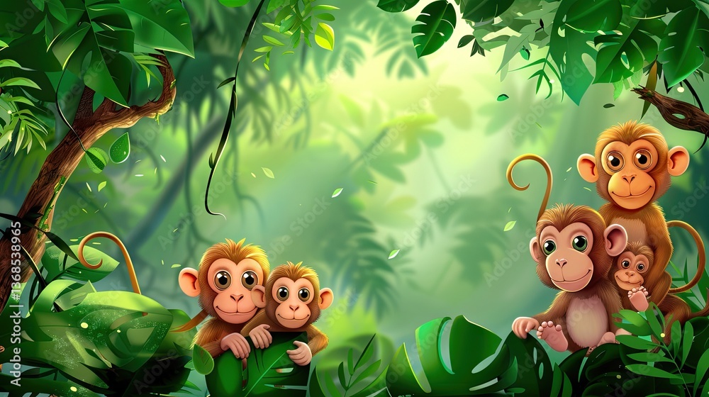Naklejka premium A family of monkeys in the jungle are sitting on a branch, cute animals.