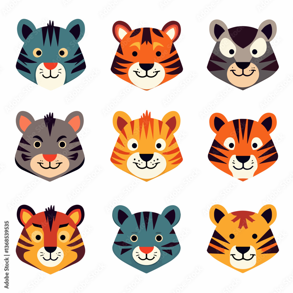 Obraz premium Cartoon animal tiger Set Illustration on a white background, animal set icon 