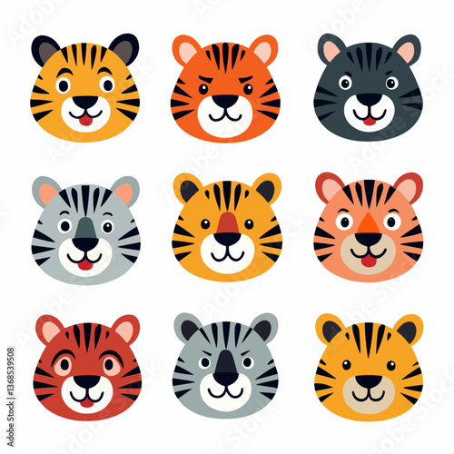 Cartoon animal tiger Set Illustration on a white background, animal set icon	