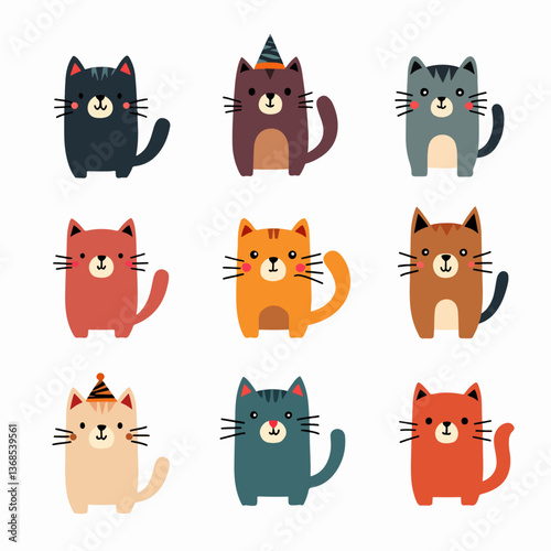Cats are cartoon and flat colorful, good-natured, in different colors, unusual faces, various poses set. Playful kittens, home pets. Bright butterflies fly around. Vector illustration	