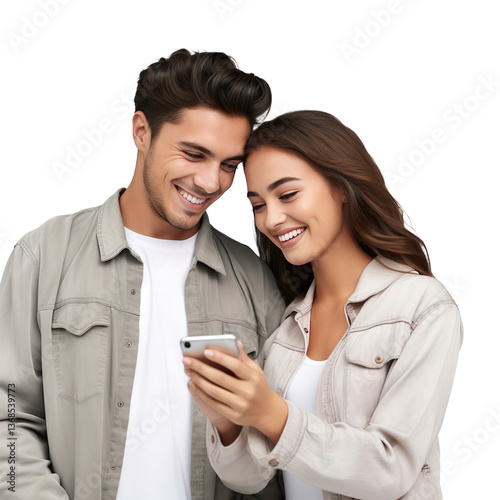  young couples smiling and using a mobile phone together on a transparent background