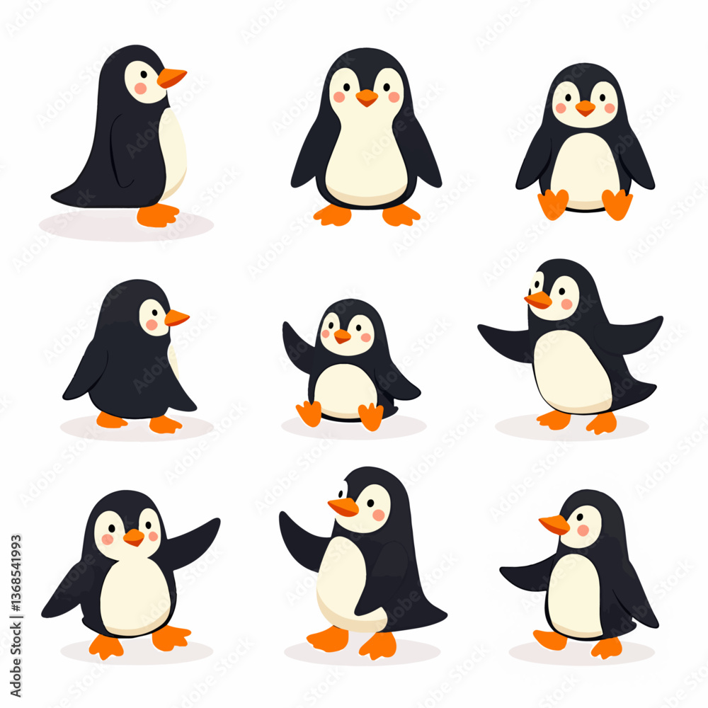 Fototapeta premium Cute penguins set. Adorable arctic antarctic birds in playful poses, waddling, walking, standing with wings. Polar animals, mammal characters, fauna from Antarctica. Isolated flat vector illustrations