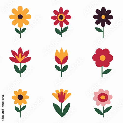Vector flower collection in simple hand drawn cartoon style. Colorful cute spring flowers set isolated on white. Floral botanical illustration, natural blossom, blooming.