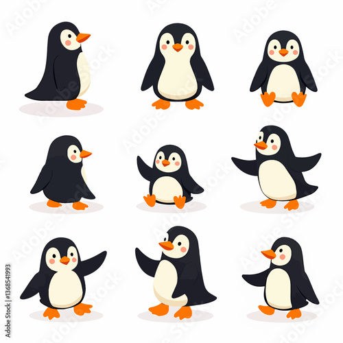 Cute penguins set. Adorable arctic antarctic birds in playful poses, waddling, walking, standing with wings. Polar animals, mammal characters, fauna from Antarctica. Isolated flat vector illustrations