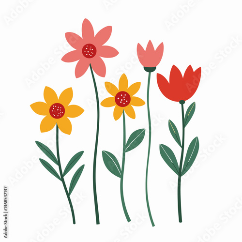 Vector flower collection in simple hand drawn cartoon style. Colorful cute spring flowers set isolated on white. Floral botanical illustration, natural blossom, blooming.