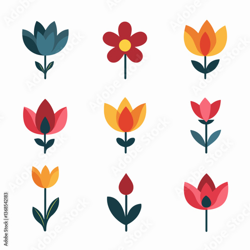 Vector flower icon collection in simple hand drawn cartoon style. Colorful cute spring flowers set isolated on white. Floral botanical illustration, natural blossom, blooming.