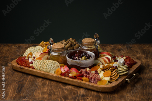 Luxury Gourmet Charcuterie Board Snack Tray Meat Cheese Finger Foods Crackers Jelly Jam Salami Olives Apricots Still Life Old Masters Appetizer