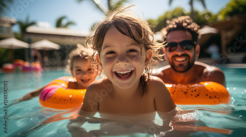 Happy children swimming in pool with parent, enjoying summer fun. Bright sunlight and tropical surroundings create joyful