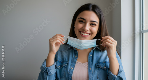 Wallpaper Mural Smiling Young Woman Removing Face Mask Indoors with Hopeful Expression Torontodigital.ca