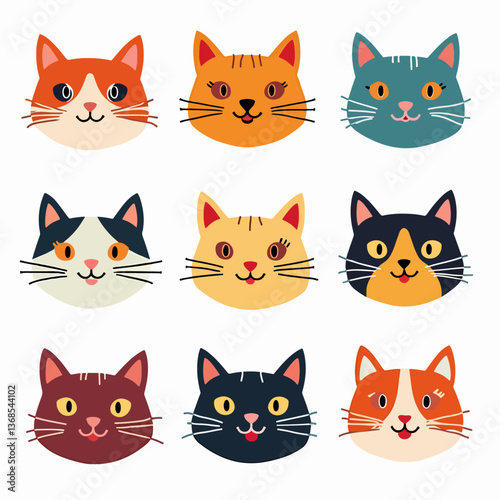 Cute cartoon cat head vector art illustration bundle set	