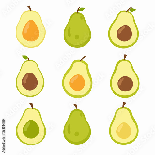 Set avocado vector, Set of fresh whole and half avocado isolated on white background. Organic food. Cartoon style. Vector illustration for design.