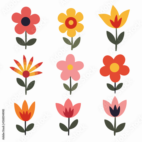 Vector flower collection in simple hand drawn cartoon style. Colorful cute spring flowers set isolated on white.