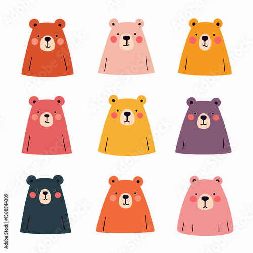 Set of cute bears. Funny doodle animals. Little bear in cartoon style