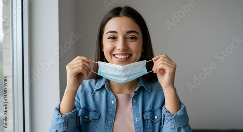 Wallpaper Mural Smiling Young Woman Removing Face Mask Indoors with Hopeful Expression Torontodigital.ca