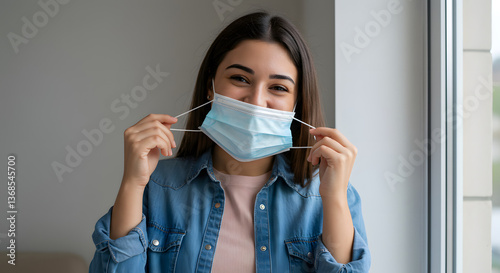 Wallpaper Mural Smiling Young Woman Removing Face Mask Indoors with Hopeful Expression Torontodigital.ca
