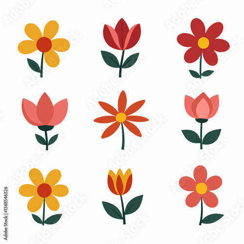 Vector flower collection in simple hand drawn cartoon style. Colorful cute spring flowers set isolated on white. Floral botanical illustration, natural blossom, blooming.