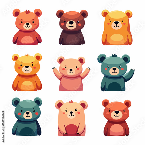 Set of cute bears. Funny doodle animals. Little bear in cartoon style
