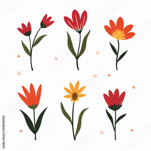 Vector flower collection in simple hand drawn cartoon style. Colorful cute spring flowers set isolated on white. Floral botanical illustration, natural blossom, blooming.