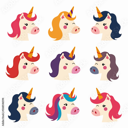 Set Unicorn cartoon animals, Cute cartoon miracle unicorns vector set, Set face unicorns
