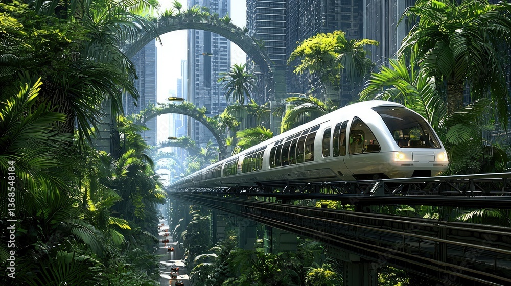 Fototapeta premium Futuristic Eco-City Train: A Vision of Sustainable Urban Transport