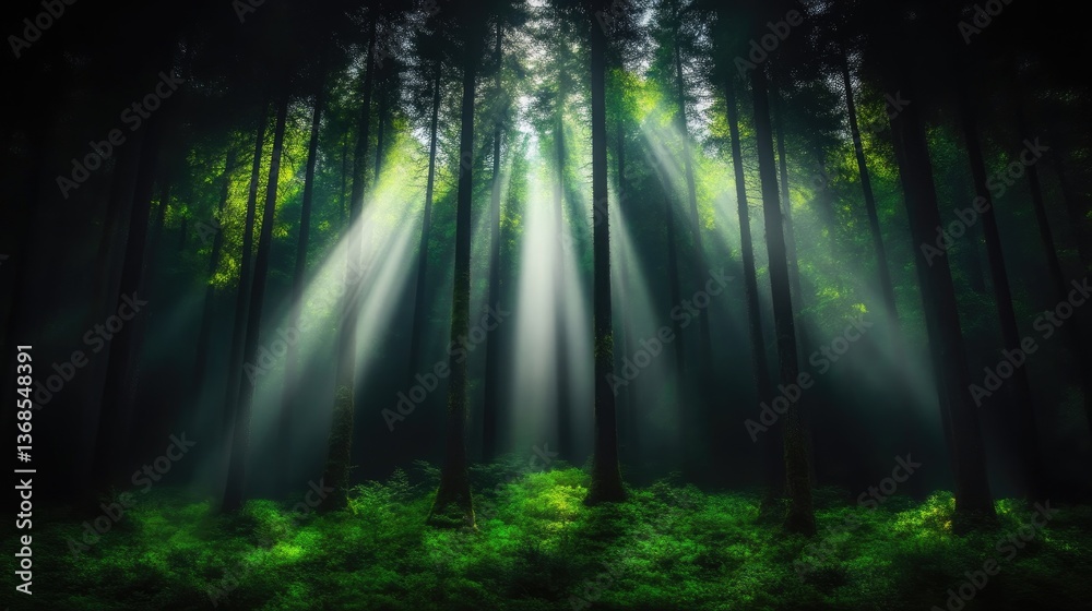 Fototapeta premium Sunlight streams through a dense forest. Sunlight beams piercing a dark forest canopy. Lush greenery and towering trees. Misty atmosphere