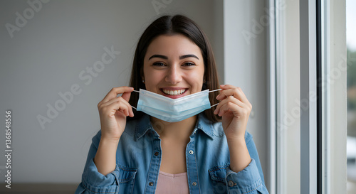 Wallpaper Mural Smiling Young Woman Removing Face Mask Indoors with Hopeful Expression Torontodigital.ca