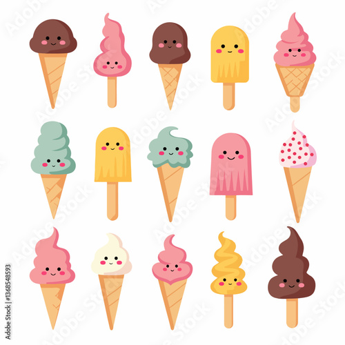 Set ice cream on a white background,  A delightful vector illustration set of various ice cream cones with toppings in a playful cartoon style.