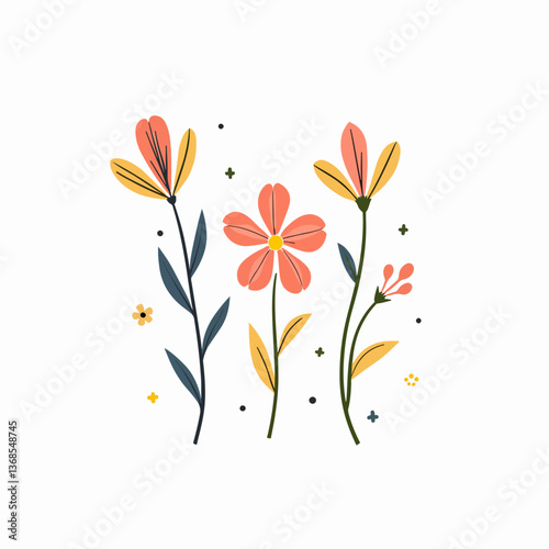Vector flower collection in simple hand drawn cartoon style. Colorful cute spring flowers set isolated on white.