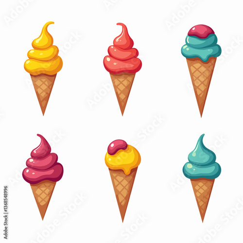 Set ice cream on a white background,  A delightful vector illustration set of various ice cream cones with toppings in a playful cartoon style.