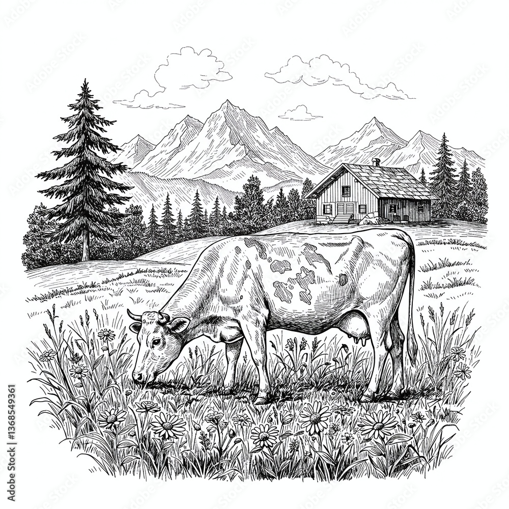 Fototapeta premium Farm Scene: a meticulously crafted etching depicts a serene farm scene, featuring a grazing cow set against a backdrop of majestic mountains and a quaint farmhouse.