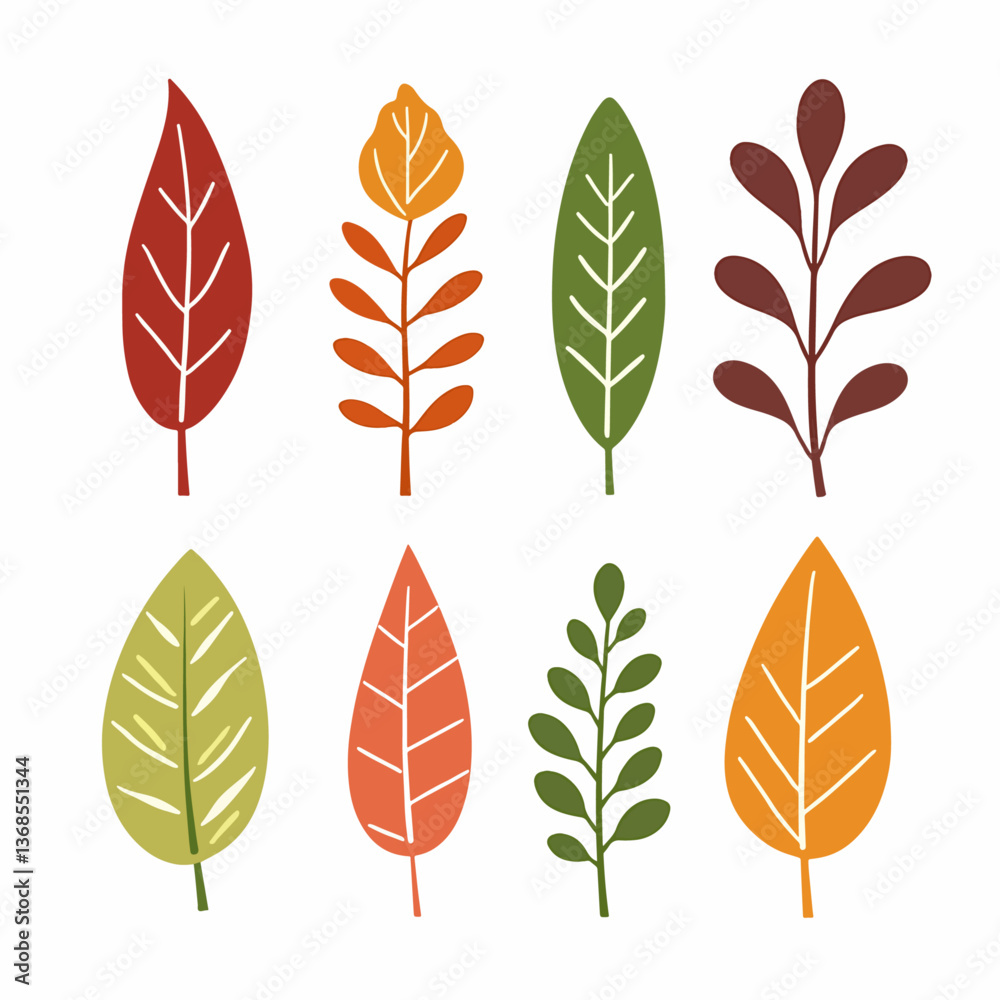 Fototapeta premium Set of autumn leaves. Fall maple tree leaf icon. Foliage oak, yellow forest plant leaves. Red autumn season thanksgiving leaf element. 