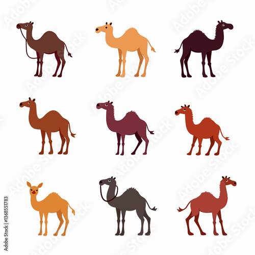 Set of Flat Style Vector Illustrations of Camels in Various Poses and Colors for Creative Projects and Designs