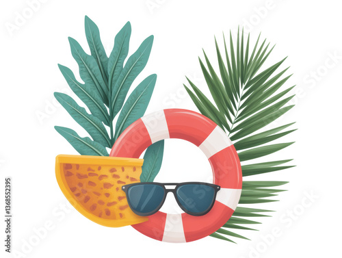 Tropical leaves and sunglasses for summer vacation design on a transparent background, cut out