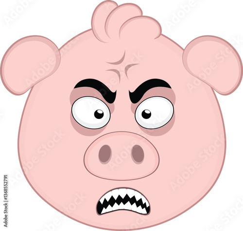 vector illustration emoji character face pig cartoon, fury expression with a vein in his head and sharp teeth