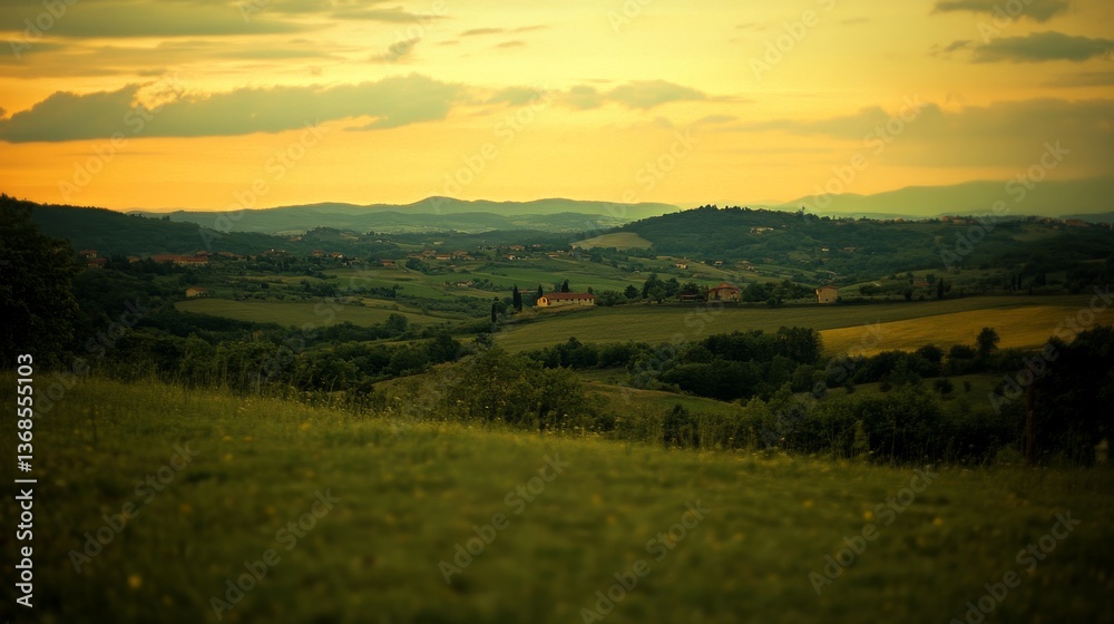Serene Landscape at Dusk with Rolling Hills and Golden Sky Serene Landscape at Dusk with Rolling Hills and Golden Sky