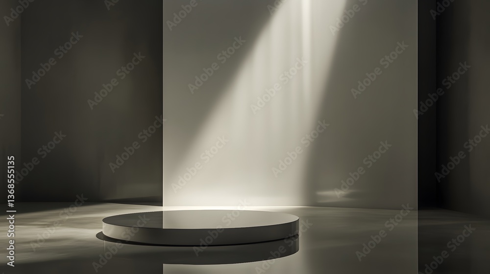 Obraz premium A podium with a smooth, high-gloss surface, subtly lit by a single spotlight in a minimalist retail space.