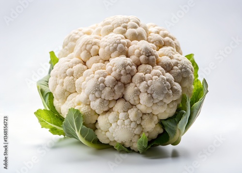 Fresh Cauliflower: A close-up view of a fresh, organically grown cauliflower, showcasing its intricate, textured head and vibrant green leaves. It's a healthy and delicious food.