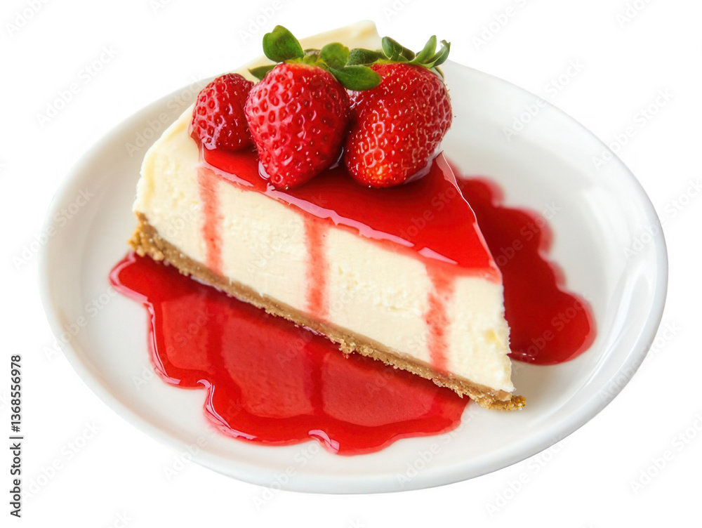 New York-Style Cheesecake with Strawberry Sauce Drizzle Transparent Background New York-Style Cheesecake with Strawberry Sauce Drizzle Transparent Background