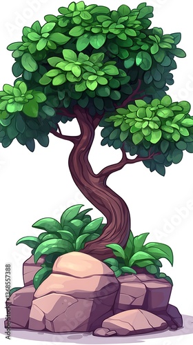 Cartoon tree on rocks with lush foliage.